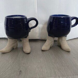 Two 1981 Handmade Five Bridges Art Pottery Ceramic Coffee Mugs w/ Western Boots